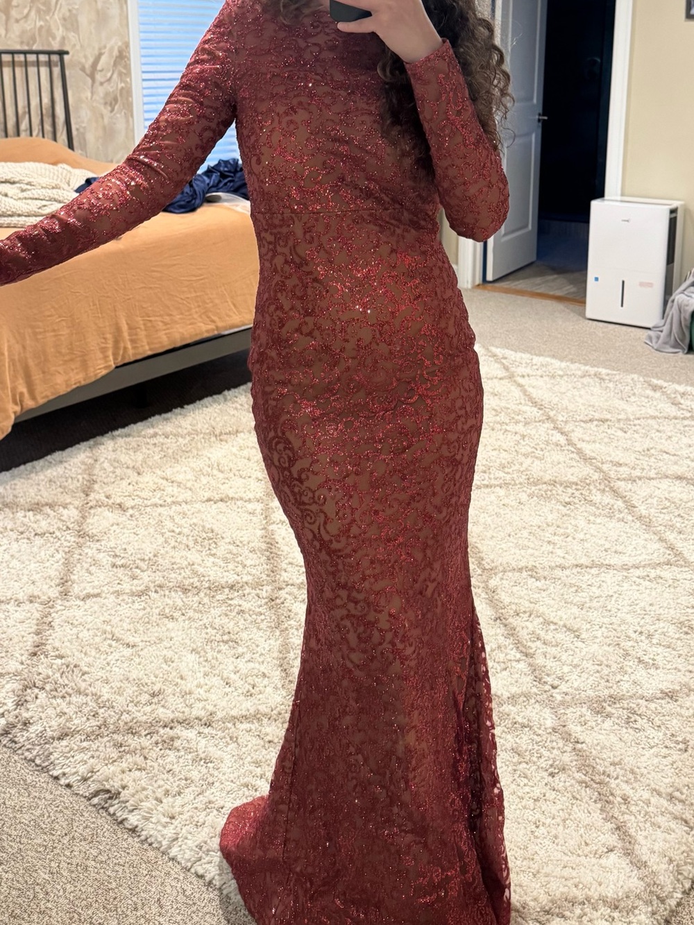 Women's Long Sleeve Red Sequin Lace Evening Gown